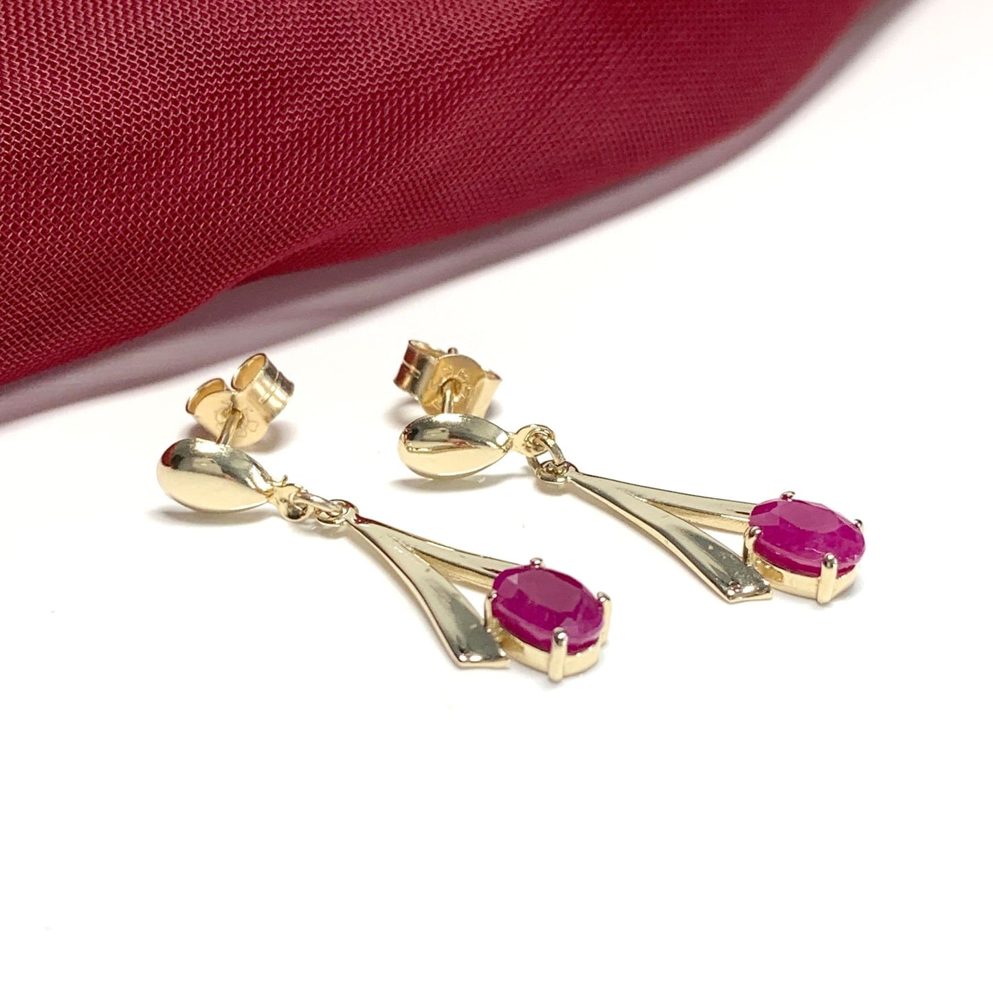 Yellow Gold Oval Ruby Drop Earrings