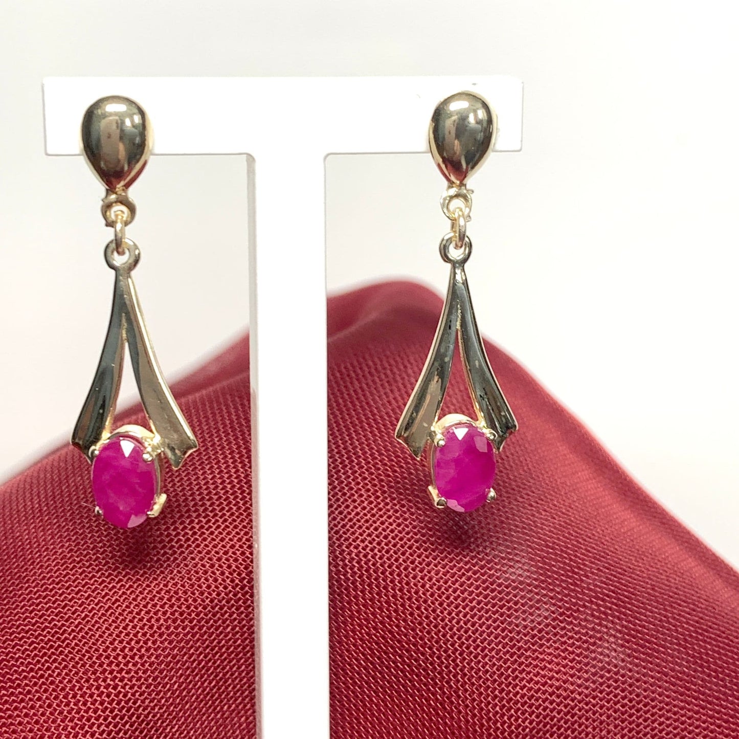 Yellow Gold Oval Ruby Drop Earrings