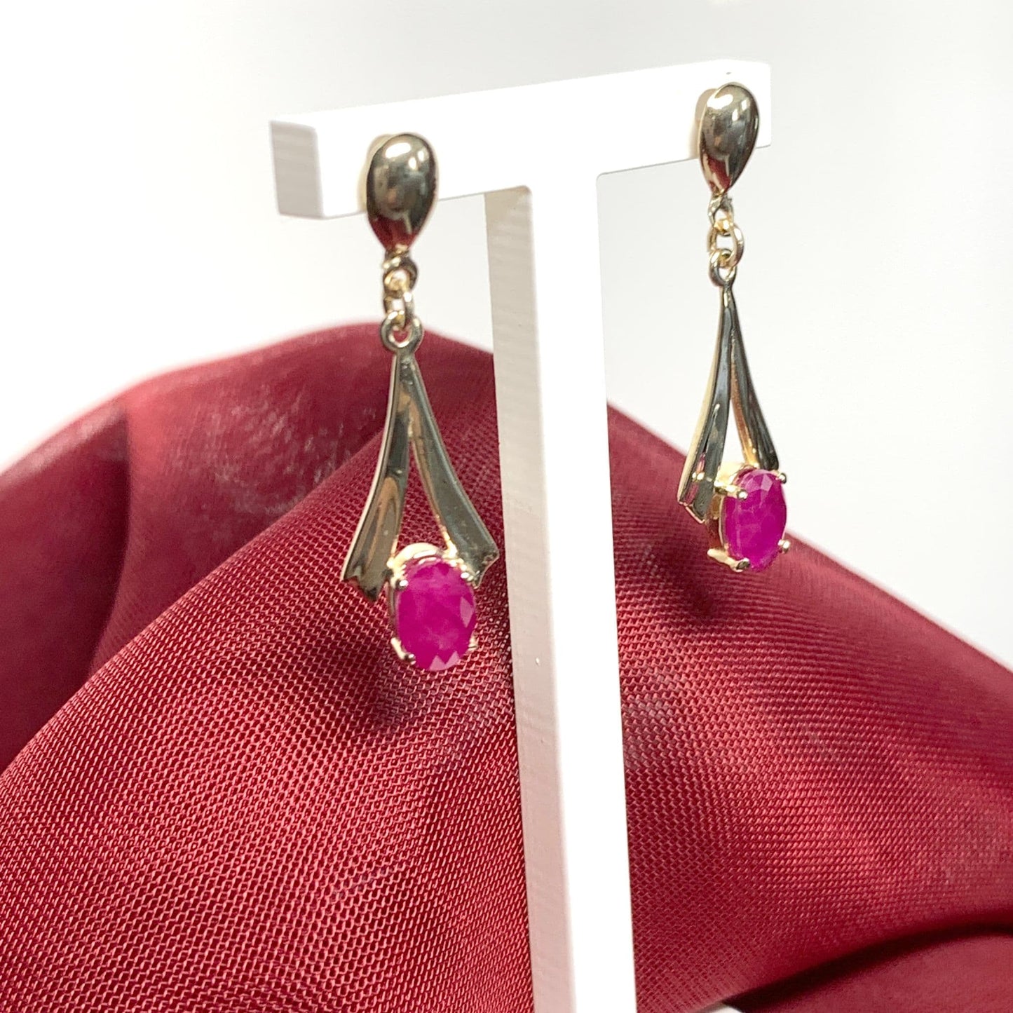 Yellow Gold Oval Ruby Drop Earrings