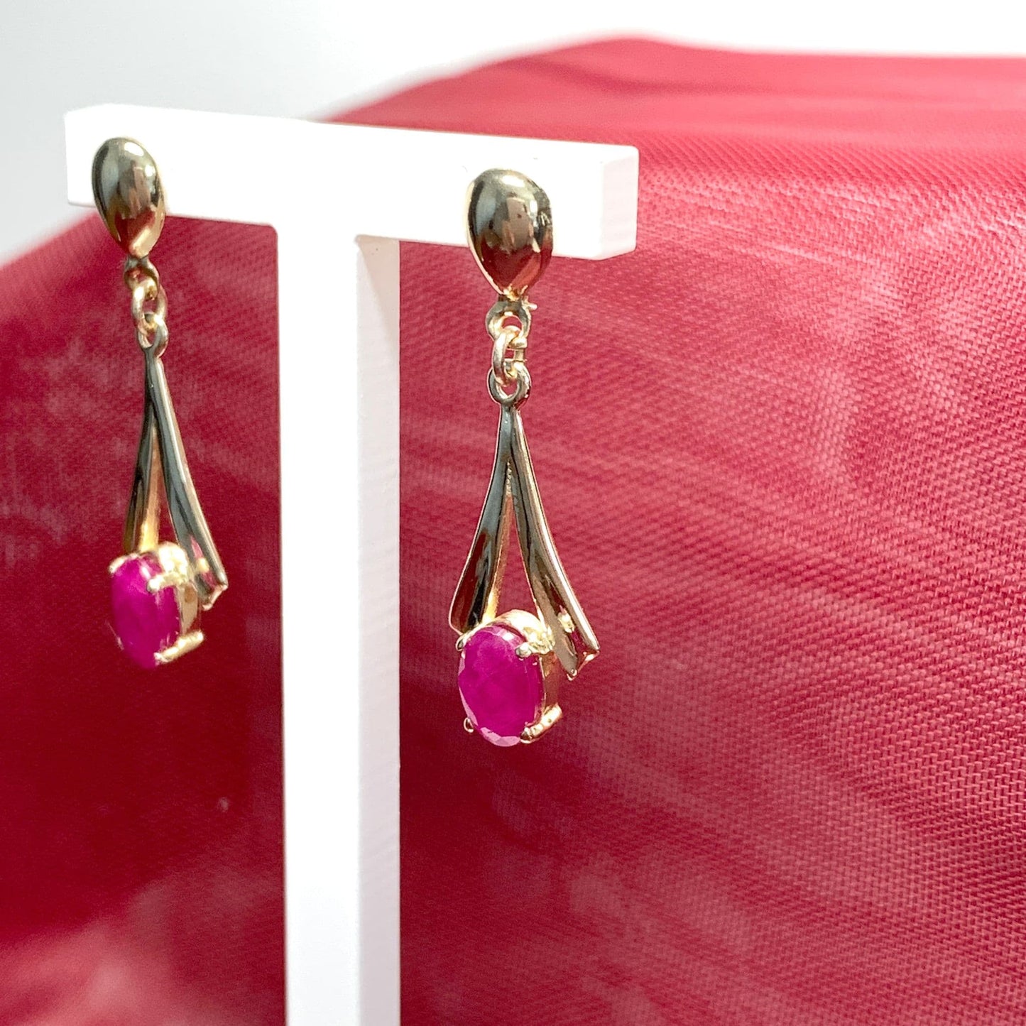 Yellow Gold Oval Ruby Drop Earrings