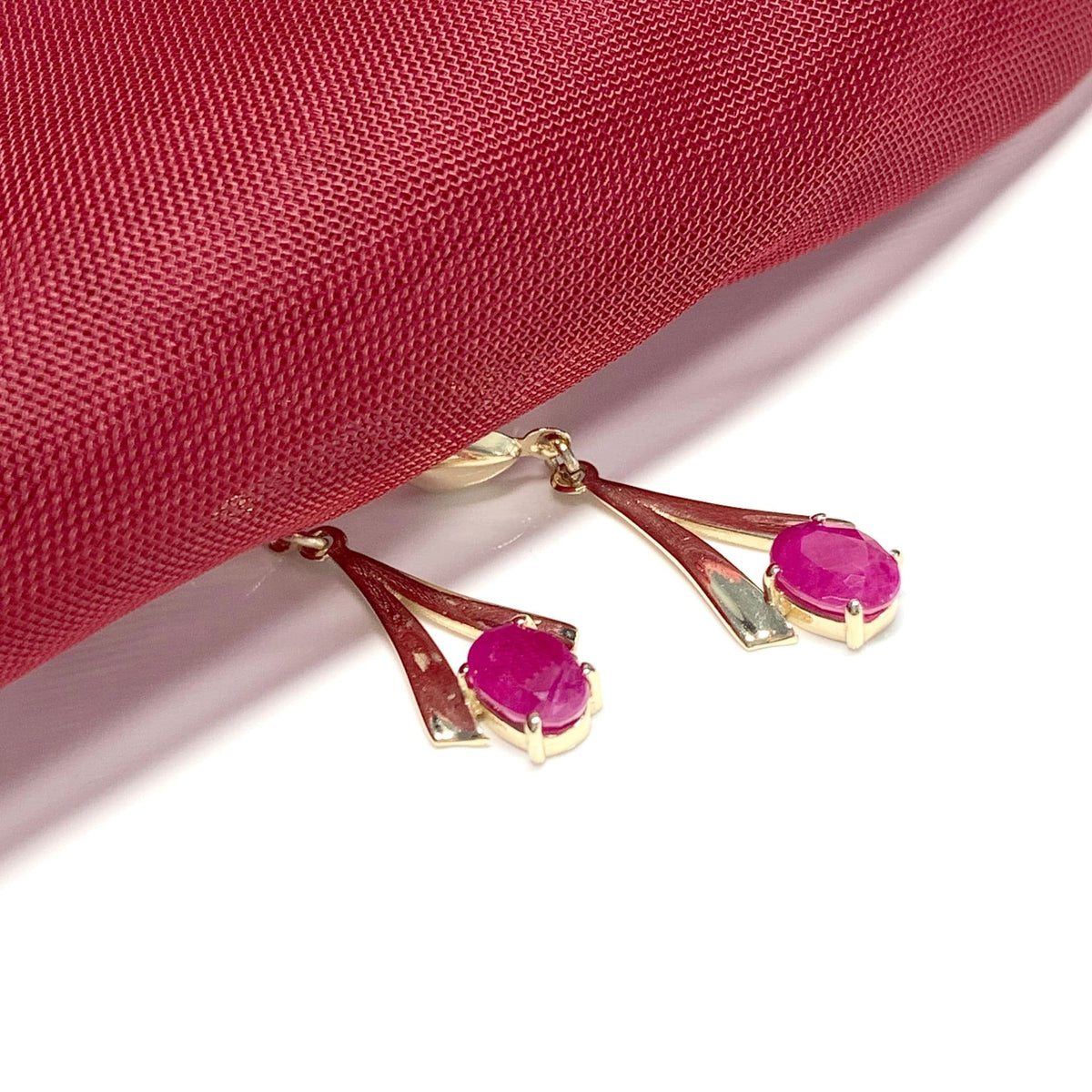 Yellow Gold Oval Ruby Drop Earrings