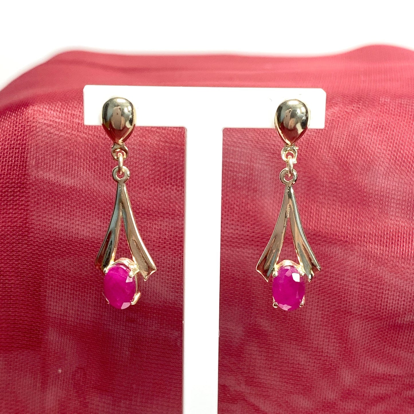 Yellow Gold Oval Ruby Drop Earrings