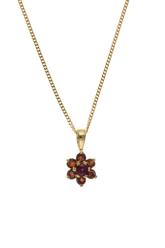 Yellow gold round real garnet cluster necklace daisy pendant