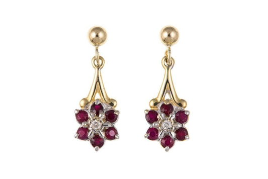 Yellow Gold Ruby And Diamond Cluster Drop Earrings