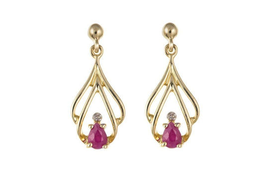 Yellow gold real red ruby and diamond pierced drop dangling earrings