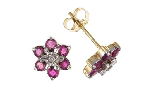 Yellow Gold Ruby And Diamond Stud Cluster Daisy Shaped Earrings