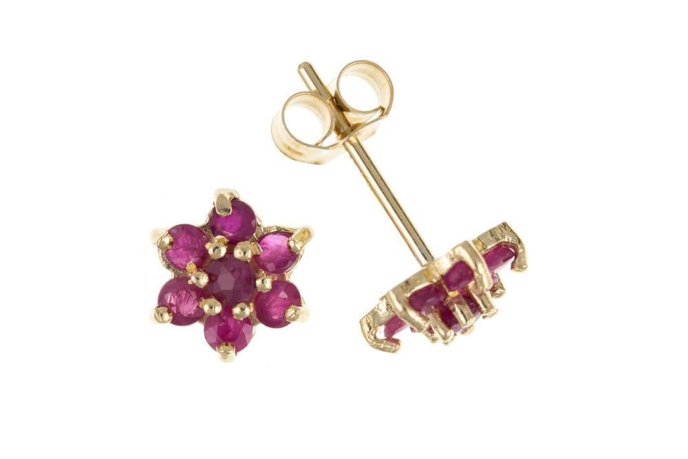 Yellow Gold Ruby Cluster Stud Earrings