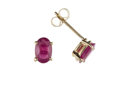 real ruby oval cut stud earrings, made in 9 carat yellow gold