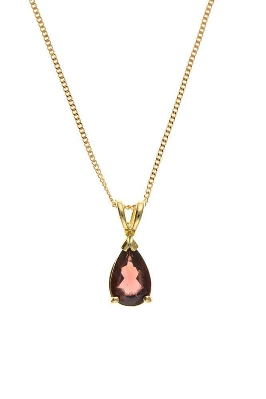 Teardrop real garnet necklace pendant with a simple three claw setting including a solid yellow gold chain