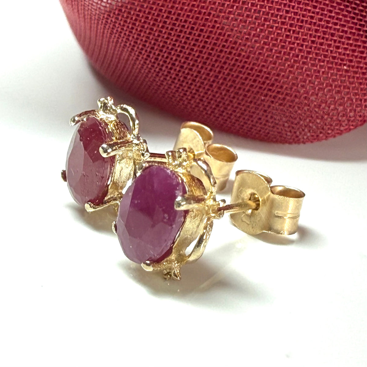 Yellow Gold Pierced Oval Ruby Stud Earrings