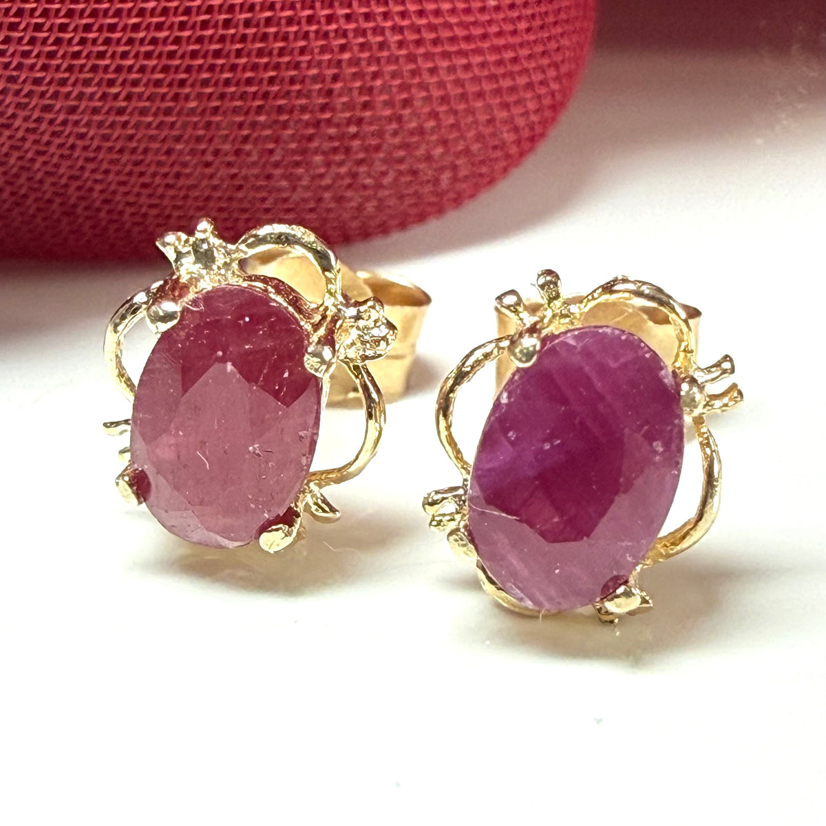 Yellow Gold Pierced Oval Ruby Stud Earrings