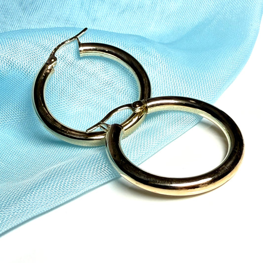 Yellow gold plain polished round hoop earrings