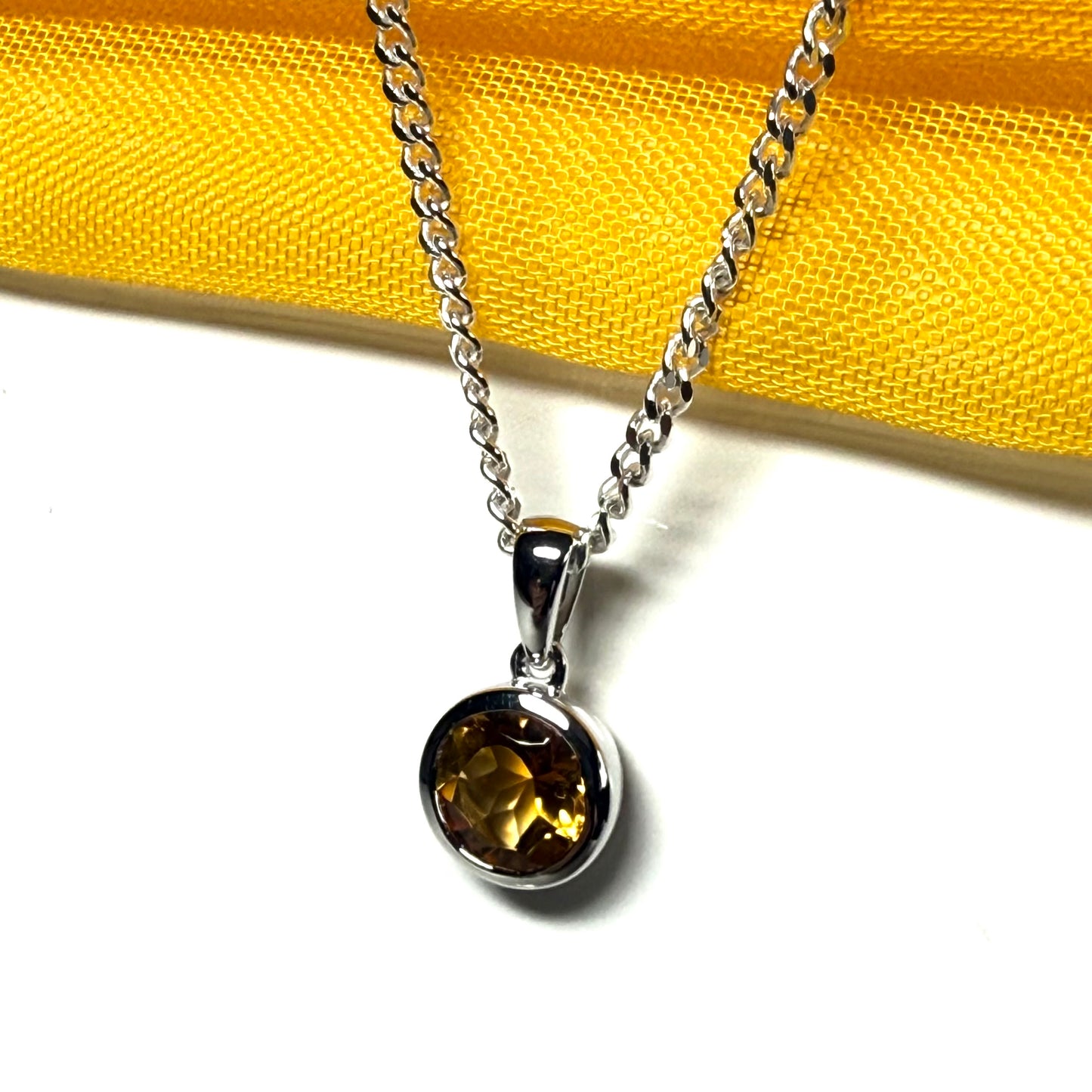 Yellow real round citrine necklace sterling silver pendant, simply gorgeous smooth rubbed over setting