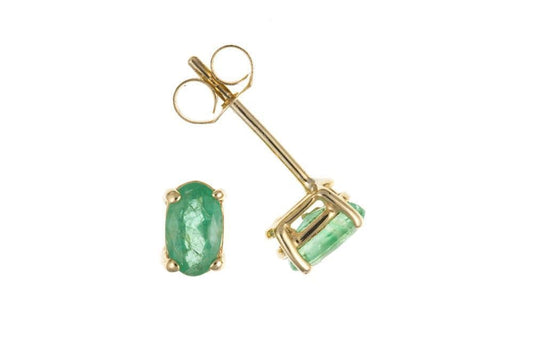 Yellow gold oval green emerald claw set stud earrings