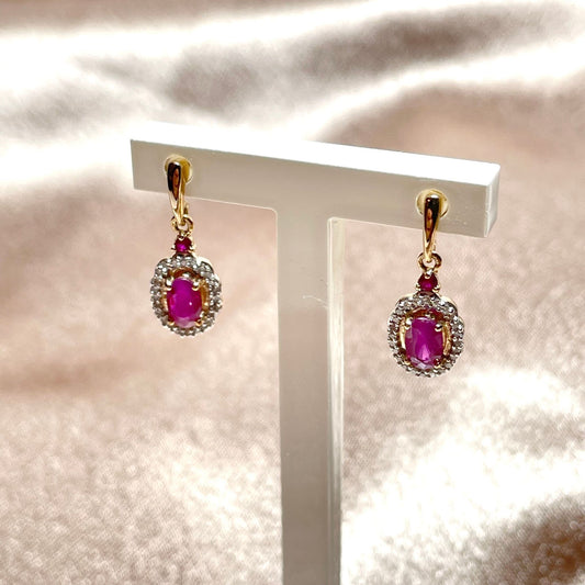 Yellow gold red oval ruby and diamond drop earrings