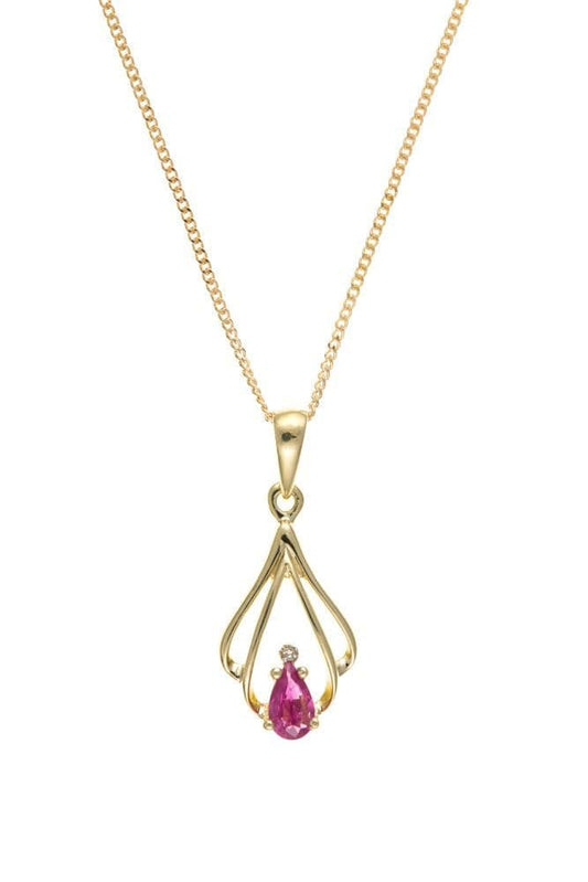 Yellow gold ruby and diamond pear shaped necklace