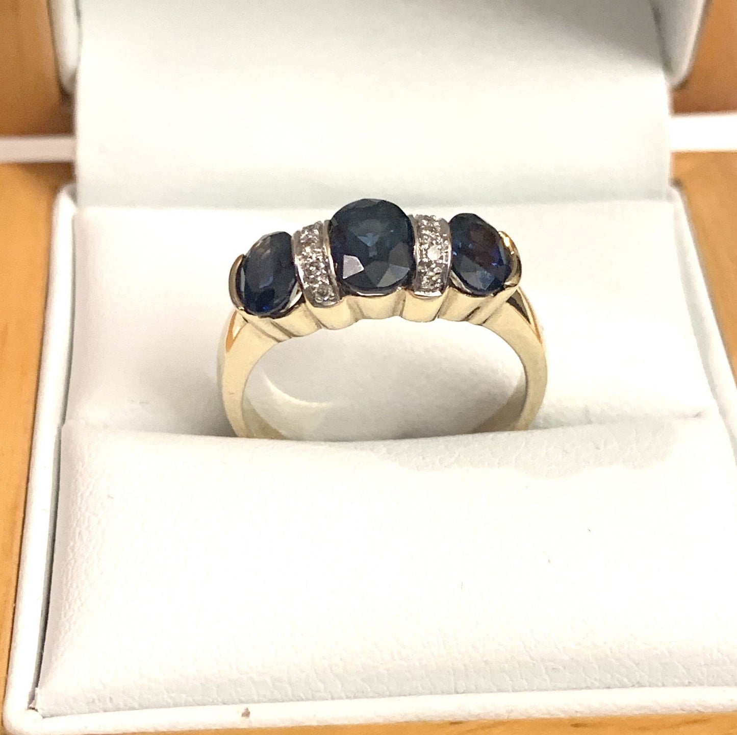 Triple Dark Blue Sapphire Eternity Ring Diamond Yellow Gold