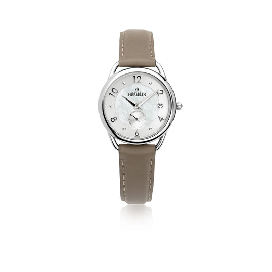 A 18397/29GR Michel Herbelin Equinoxe Watch Ladies Stainless Steel Round Taupe Strap Mother Of Pearl