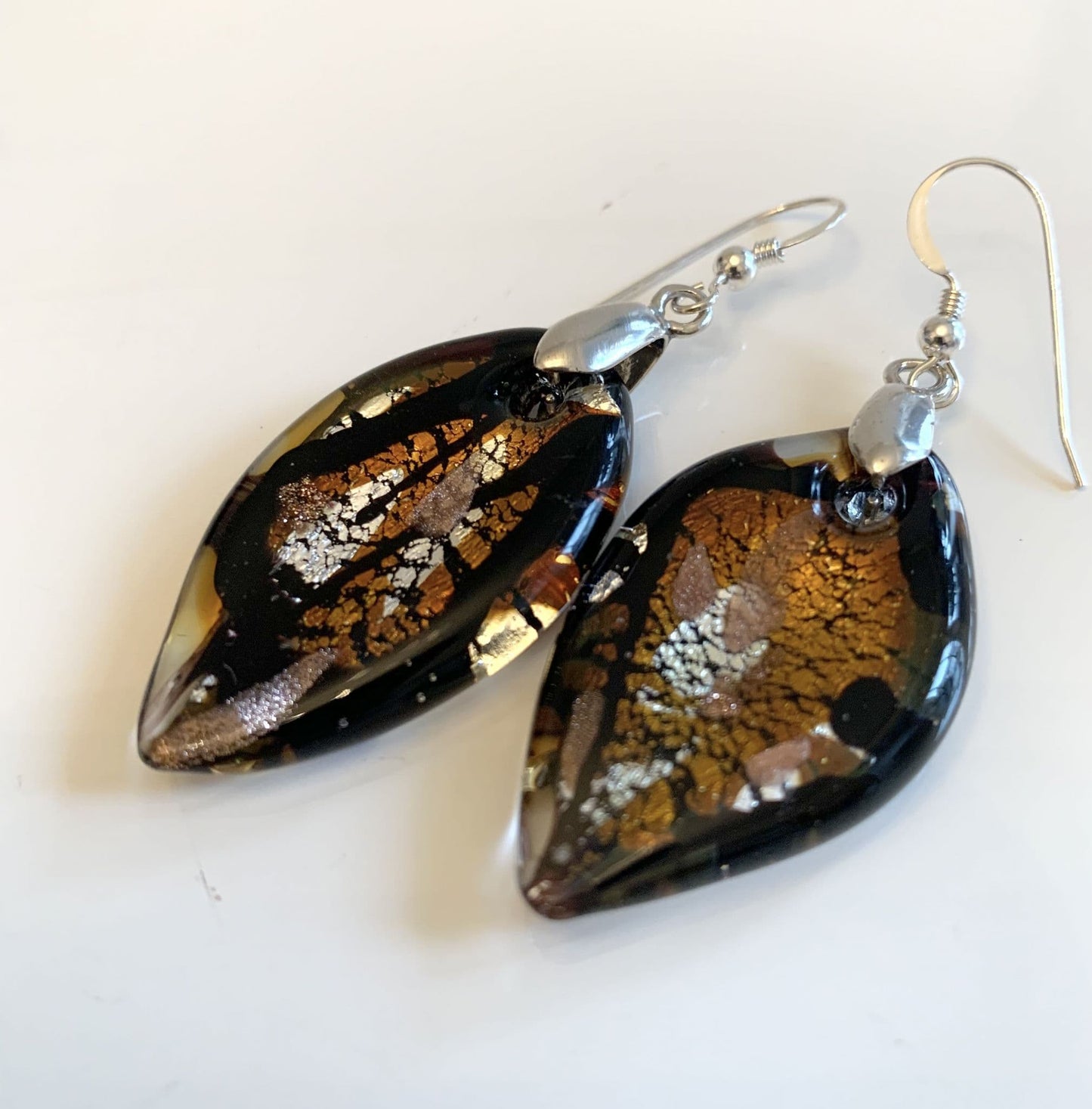 Amber Brown Murano Glass Leaf Earrings