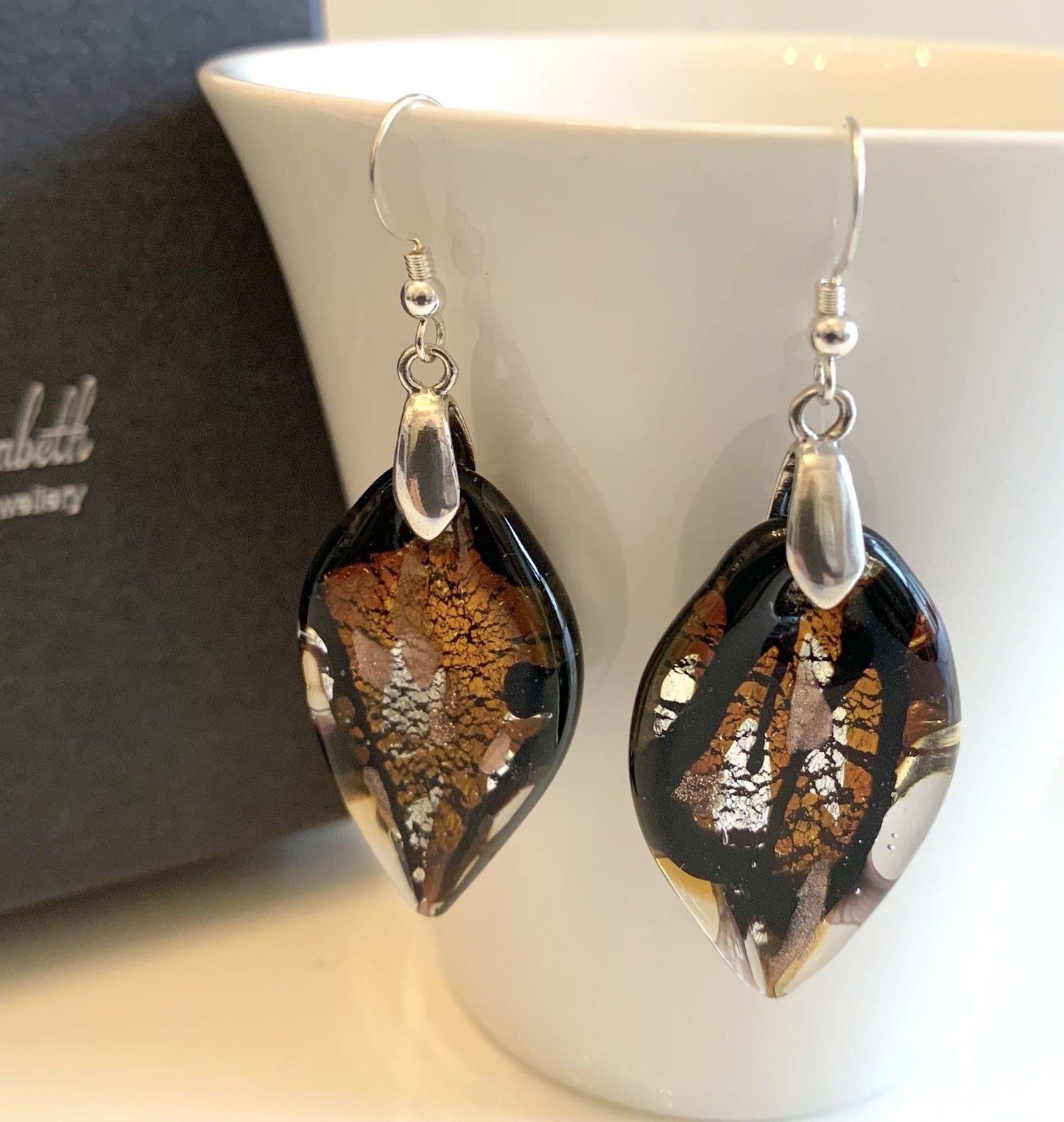 Amber Brown Murano Glass Leaf Earrings