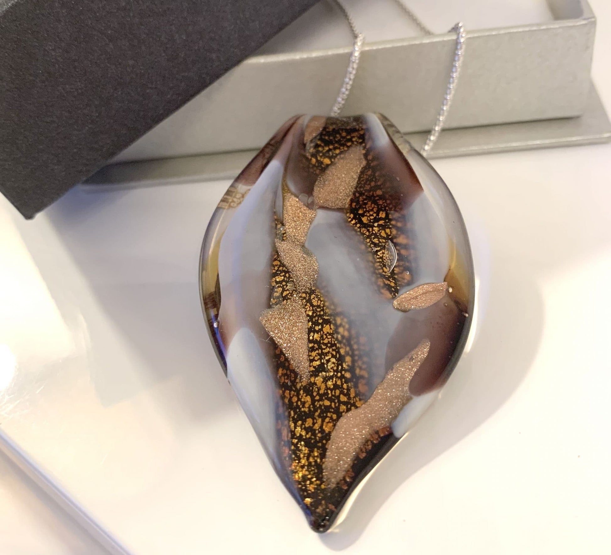 Amber Gold Murano Glass Leaf Pendant