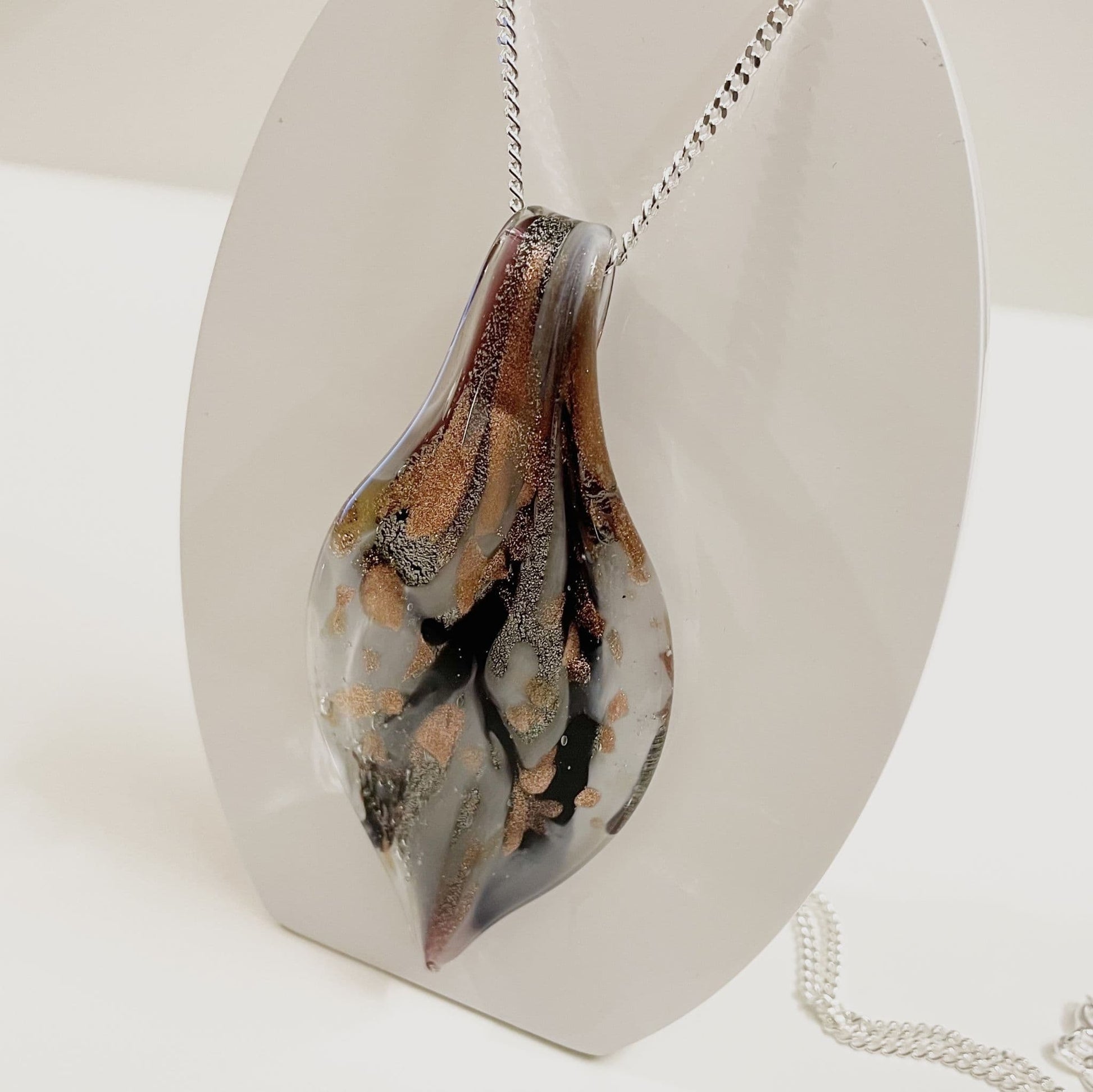 Black  Grey & Copper Tone Murano Glass Leaf Necklace