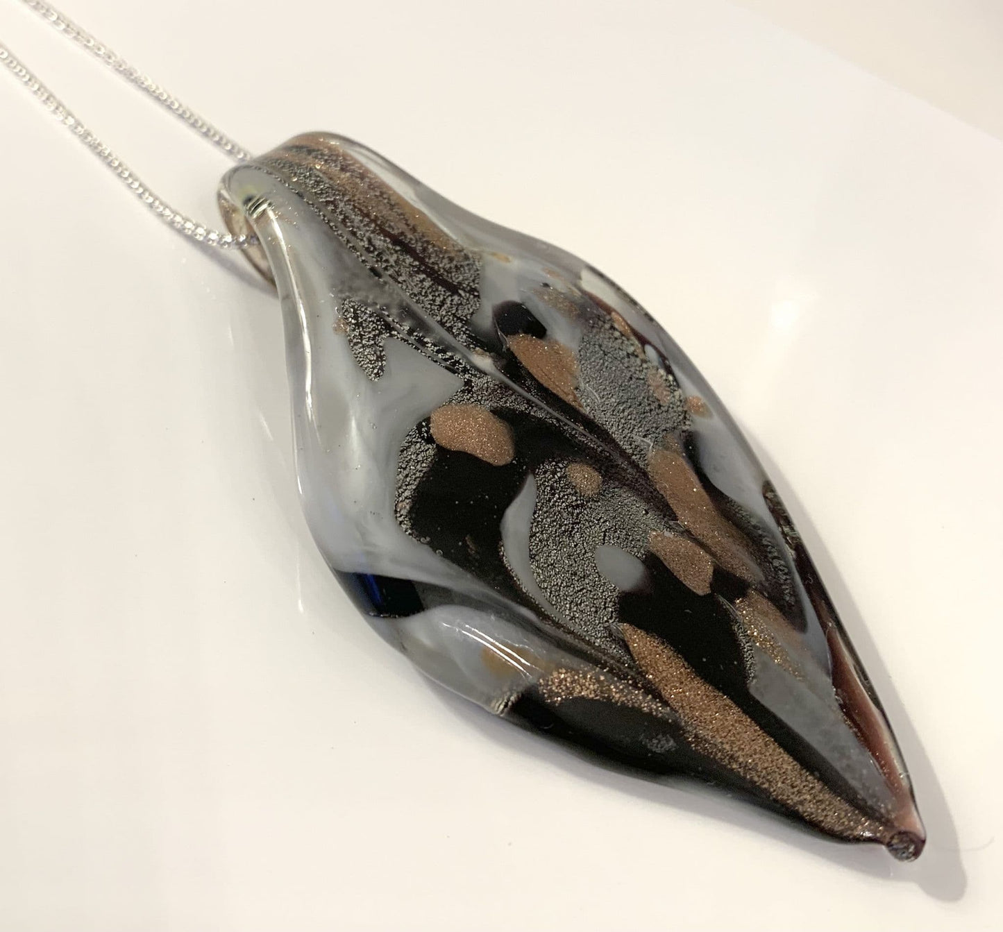 Black & Grey Tone Murano Glass Leaf Pendant