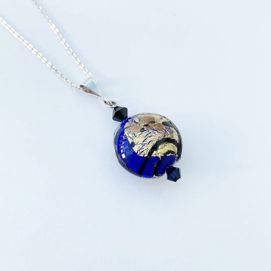 Blue & Gold Murano Glass Round Bead Necklace