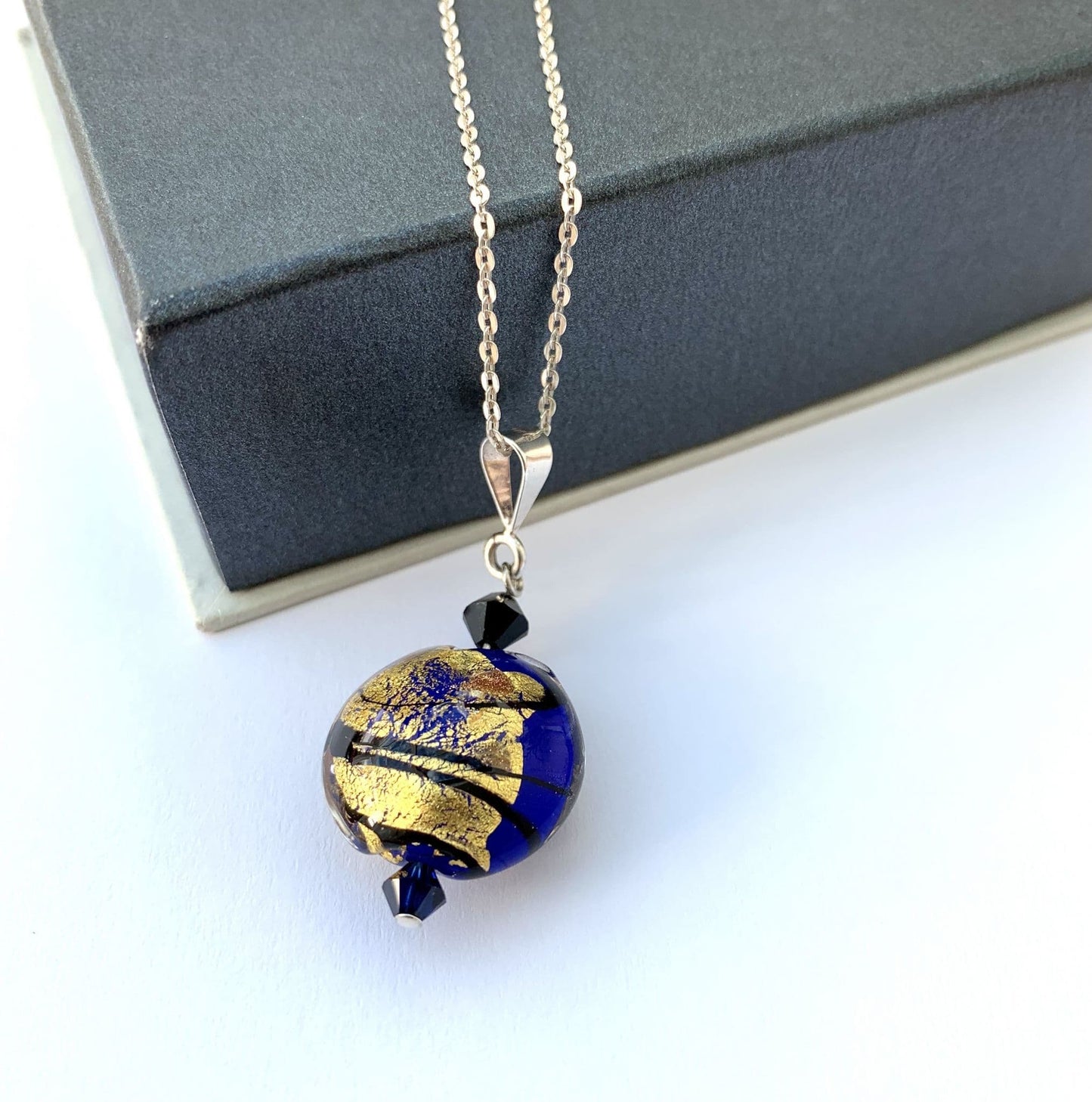 Blue & Gold Murano Glass Round Bead Necklace