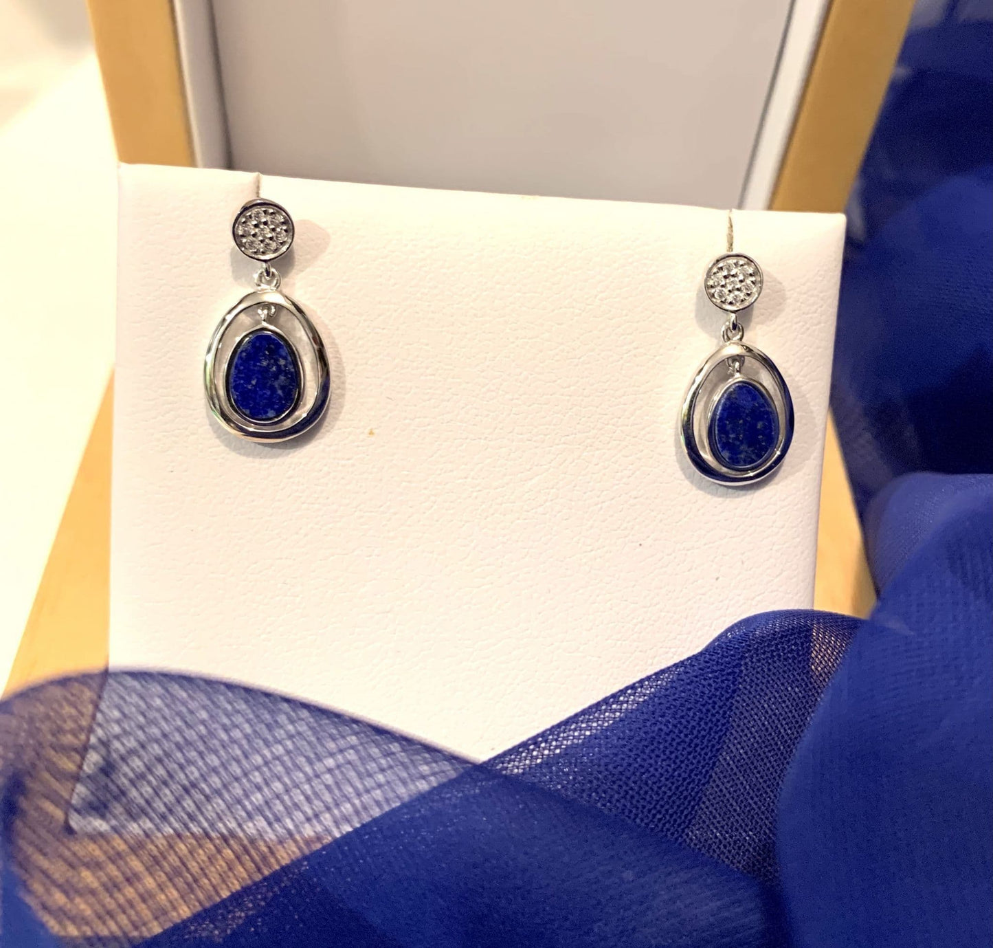 Blue lapis lazuli oval sterling silver drop earrings double oval