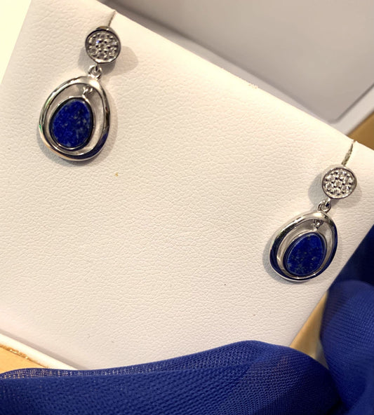 Blue lapis lazuli oval sterling silver drop earrings double oval
