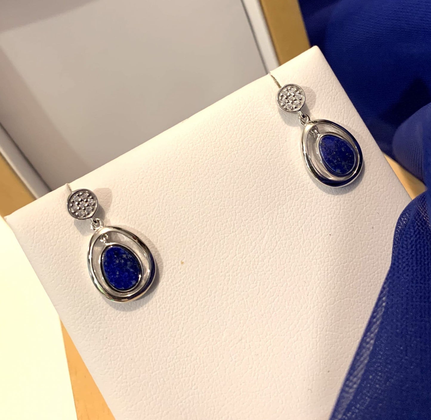Blue lapis lazuli oval sterling silver drop earrings double oval