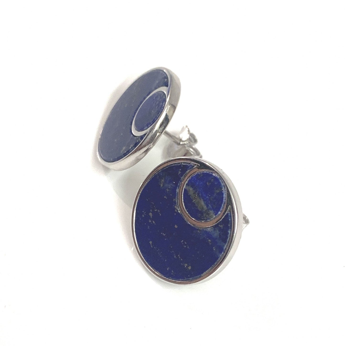 Blue lapis lazuli round double circle sterling silver stud earrings