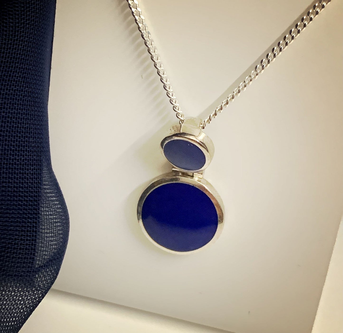 Blue lapis lazuli round sterling silver necklace double circle pendant