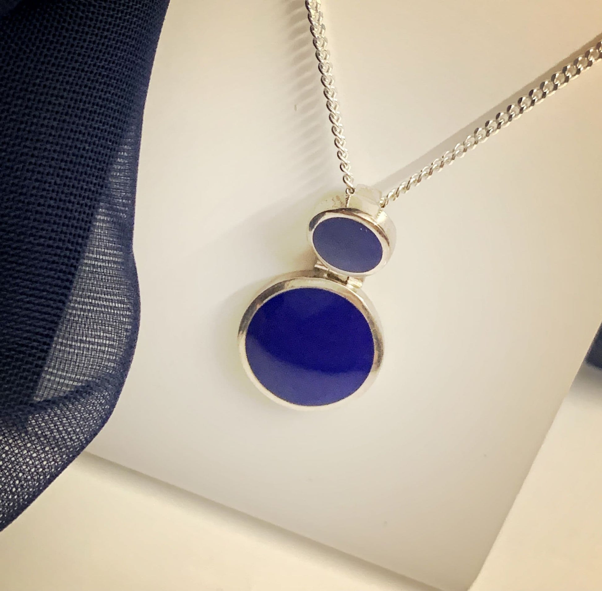 Blue lapis lazuli round sterling silver necklace double circle pendant