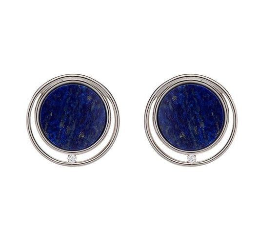 Blue lapis lazuli round sterling silver stud earrings double circle