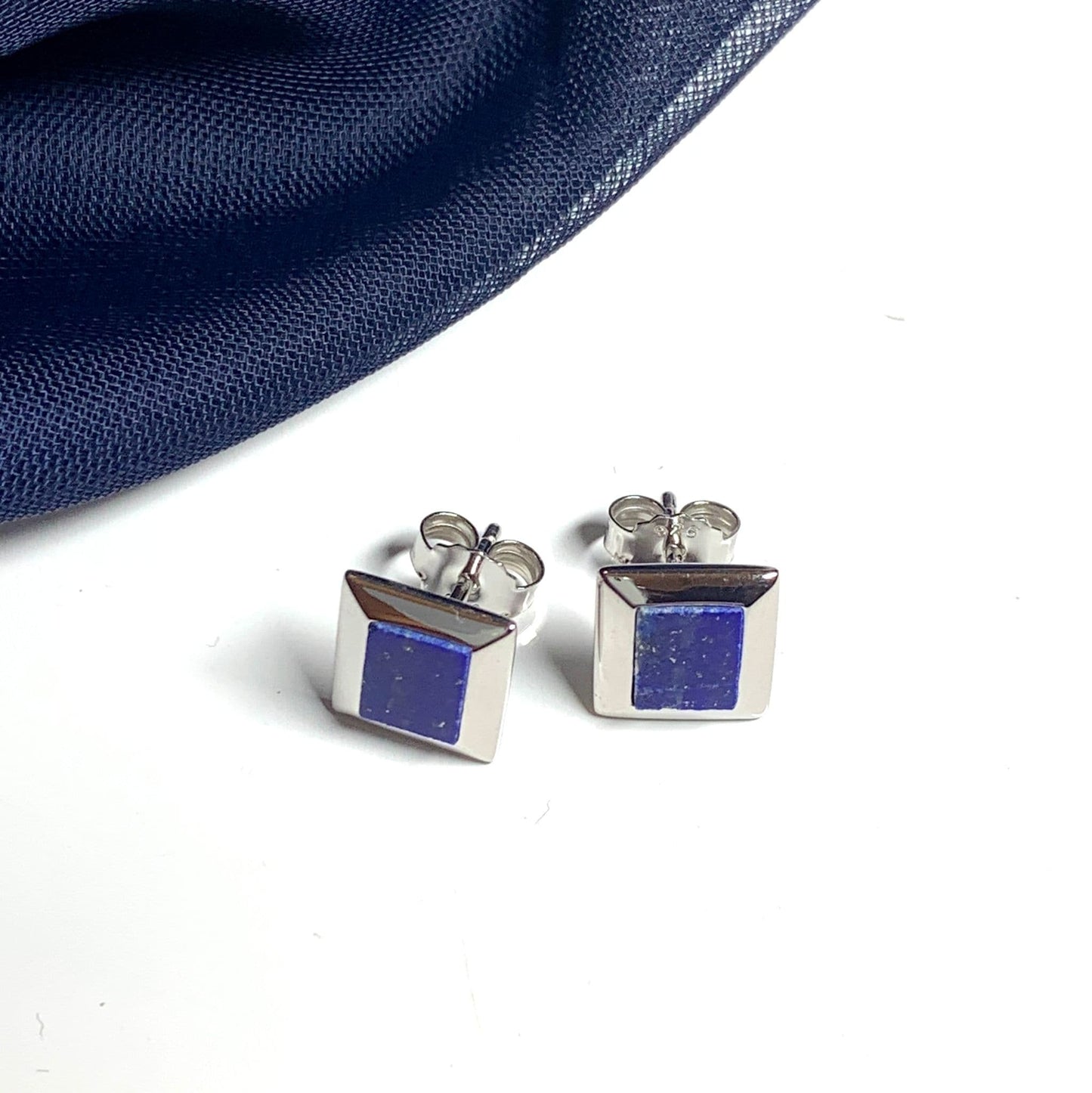 Blue Lapis Lazuli Square Sterling Silver Stud Earrings