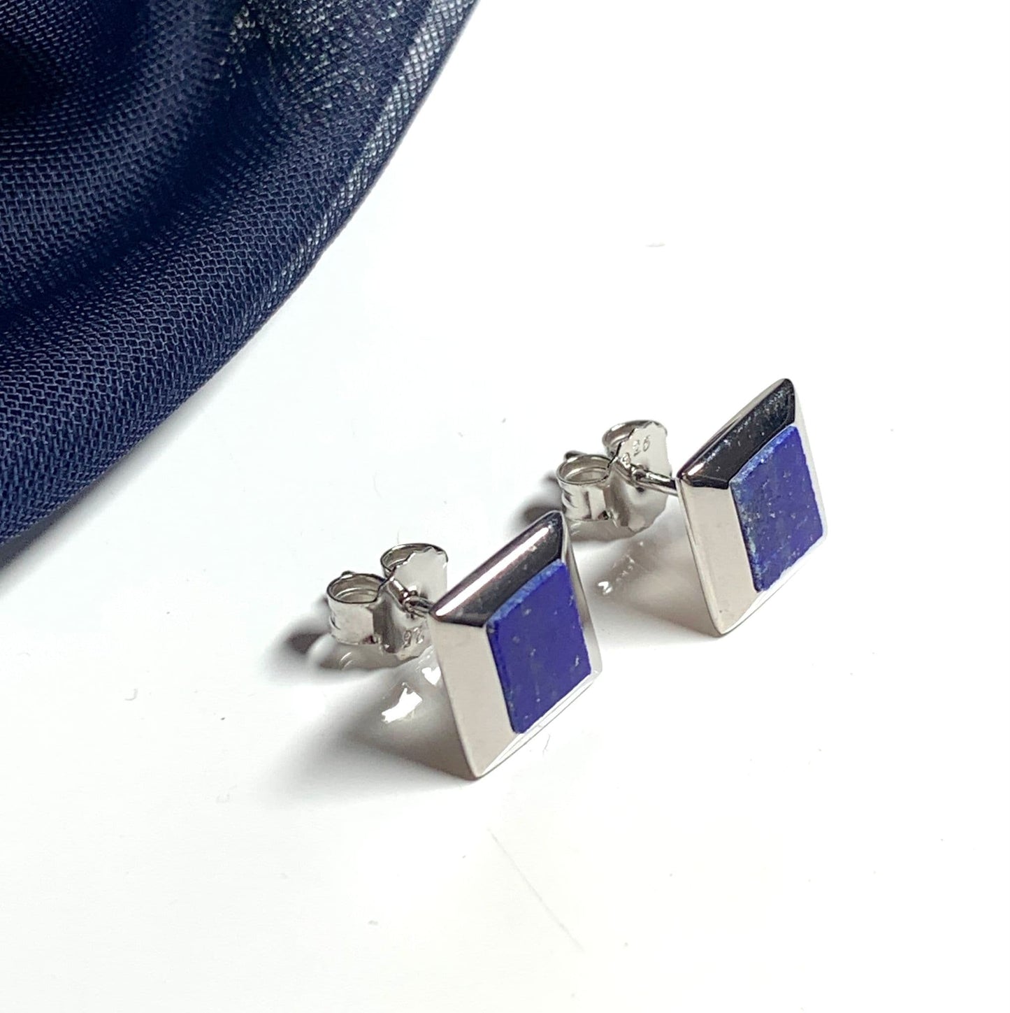 Blue Lapis Lazuli Square Sterling Silver Stud Earrings