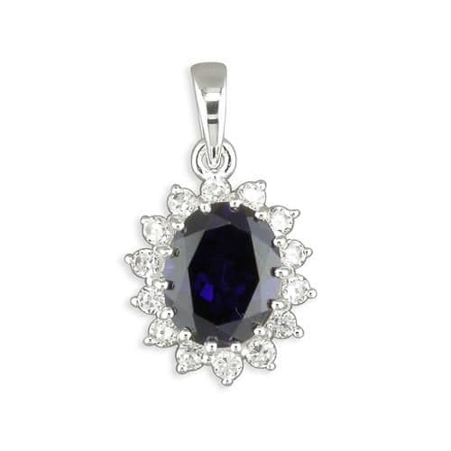 Large pendant deep sapphire blue and white cubic zirconia oval cluster dress cocktail necklace