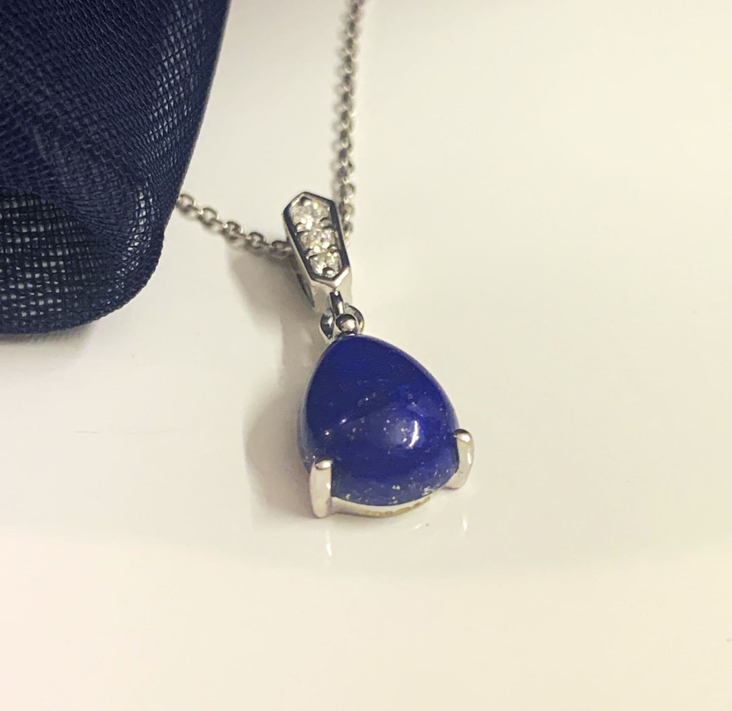 Blue pear teardrop lapis lazuli and diamond white gold necklace