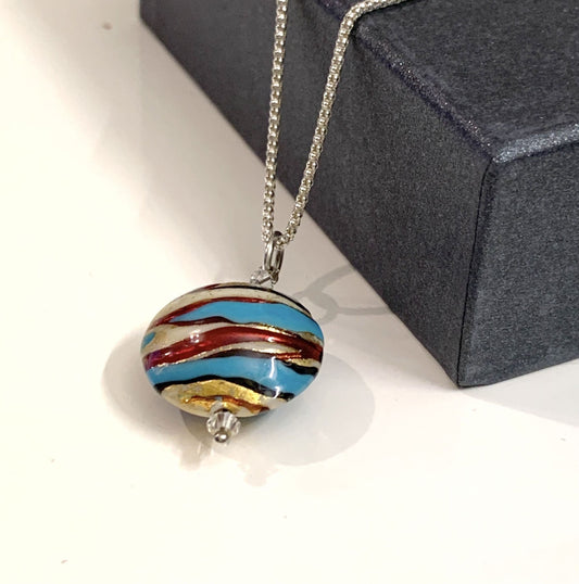 Blue Red Murano Glass Bead Necklace