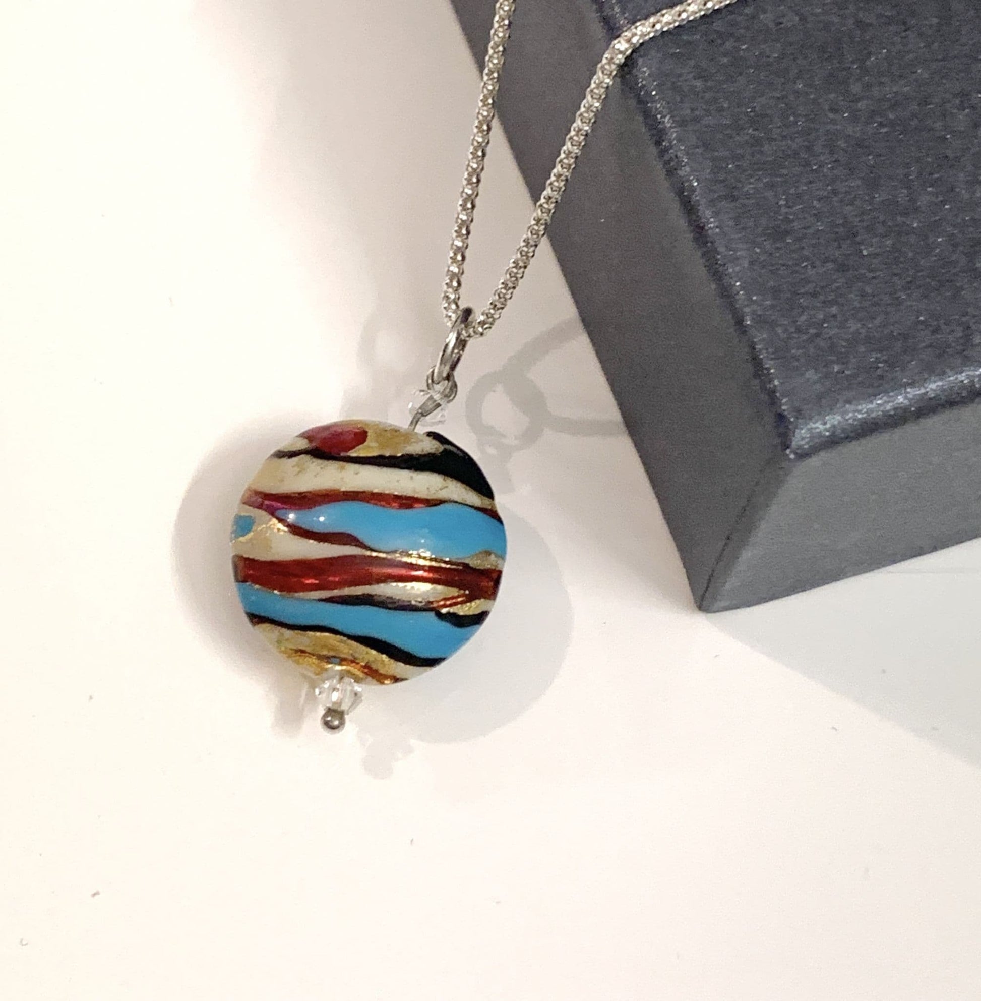 Blue Red Murano Glass Bead Necklace
