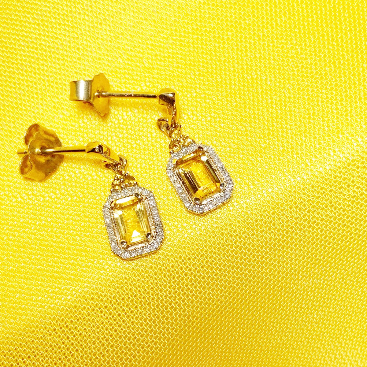 Citrine and diamond cluster yellow gold octagonal drop earrings