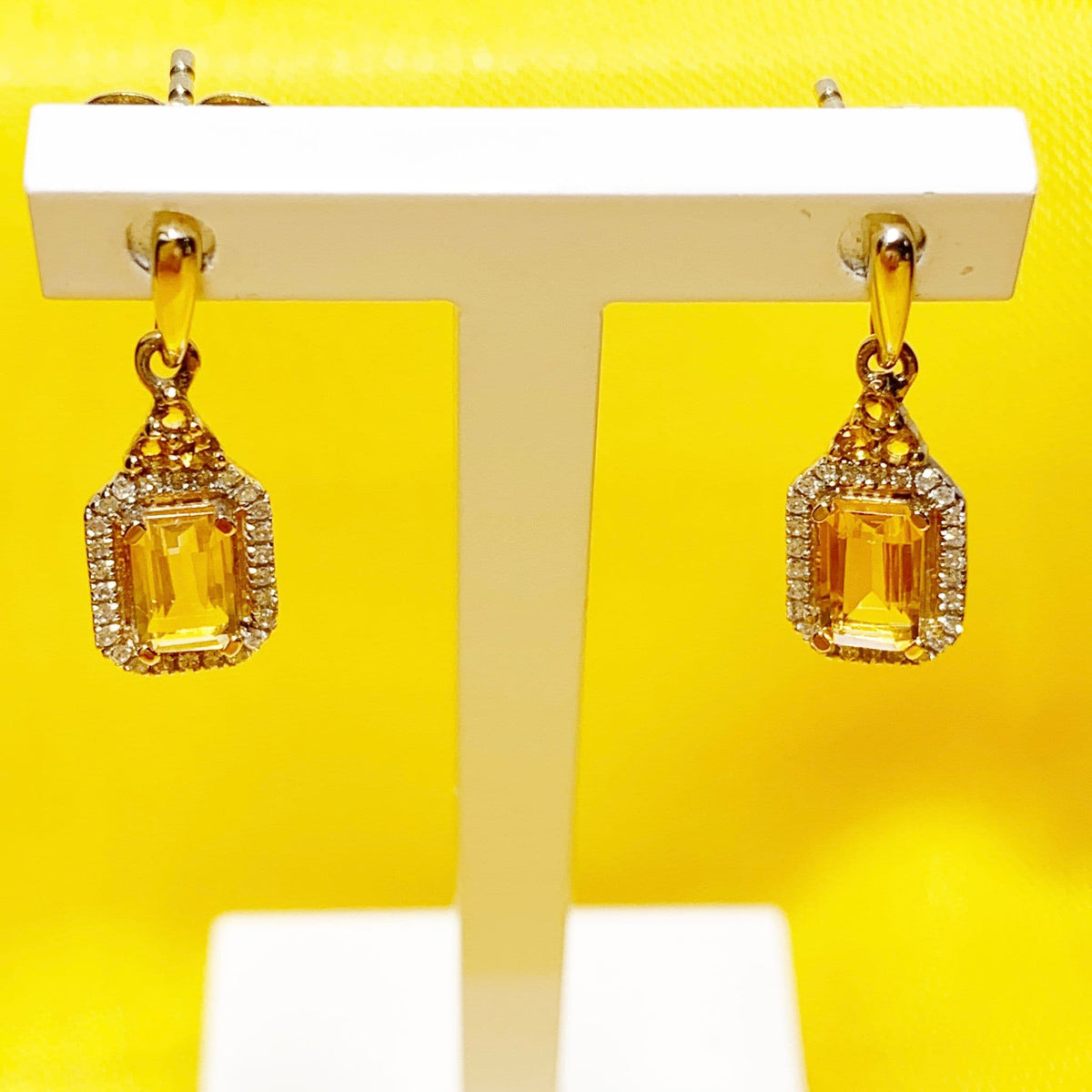 Citrine and diamond cluster yellow gold octagonal drop earrings