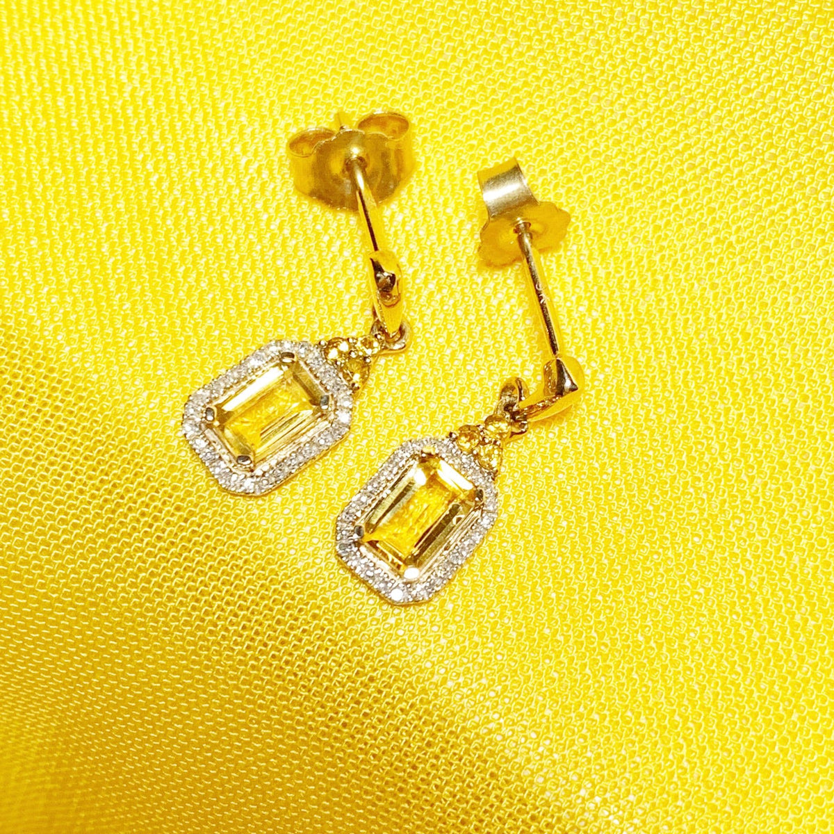 Citrine and diamond cluster yellow gold octagonal drop earrings