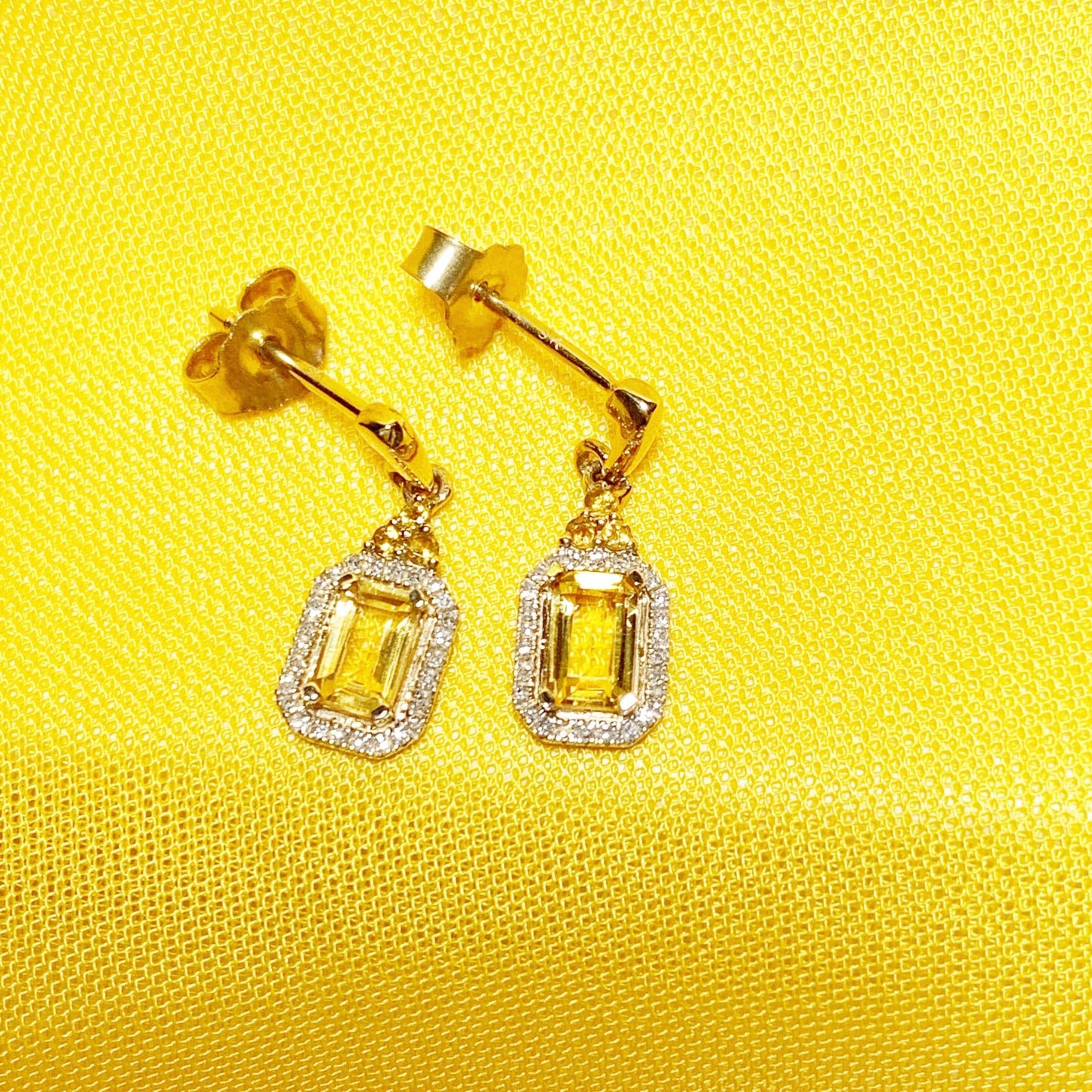 Citrine and diamond cluster yellow gold octagonal drop earrings