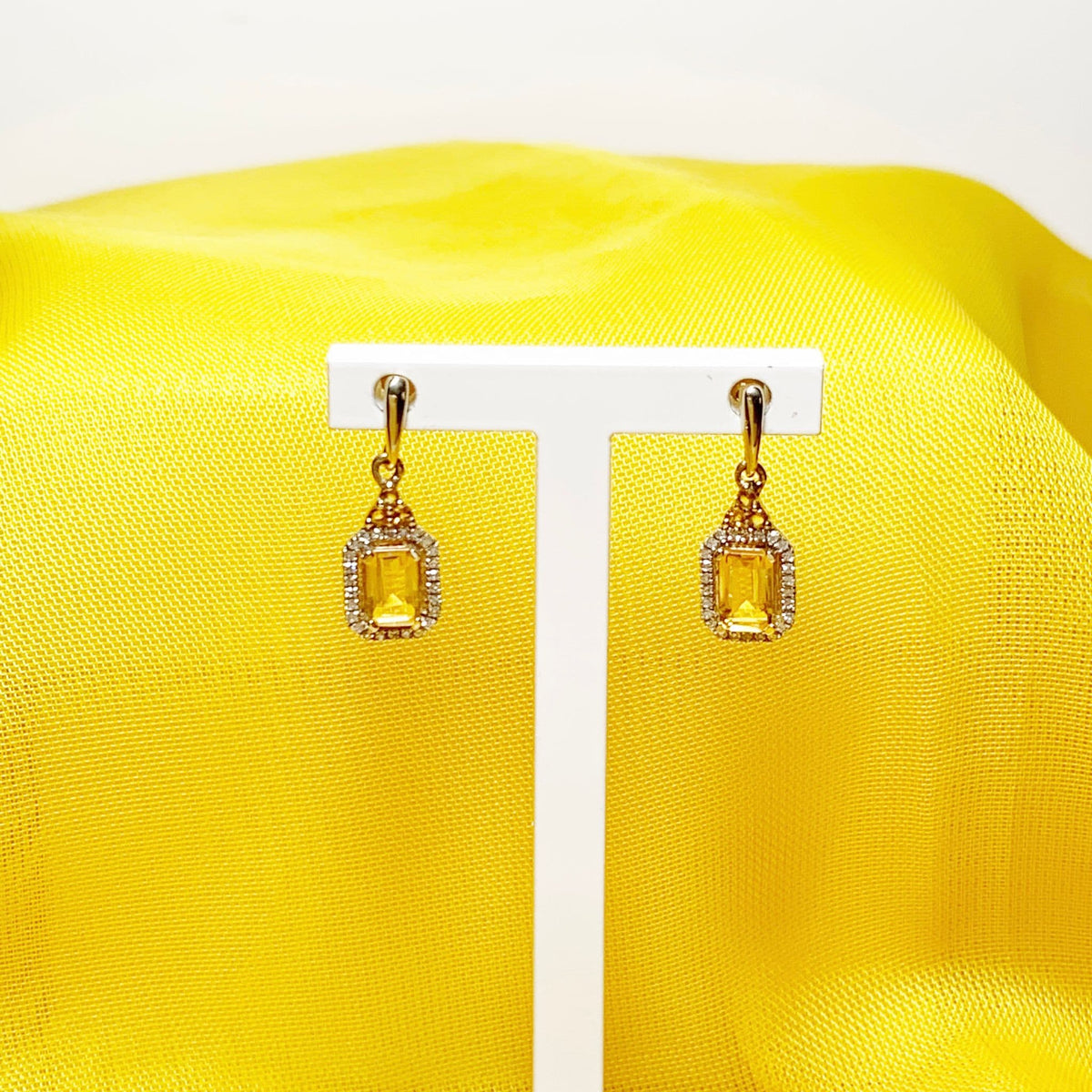 Citrine and diamond cluster yellow gold octagonal drop earrings