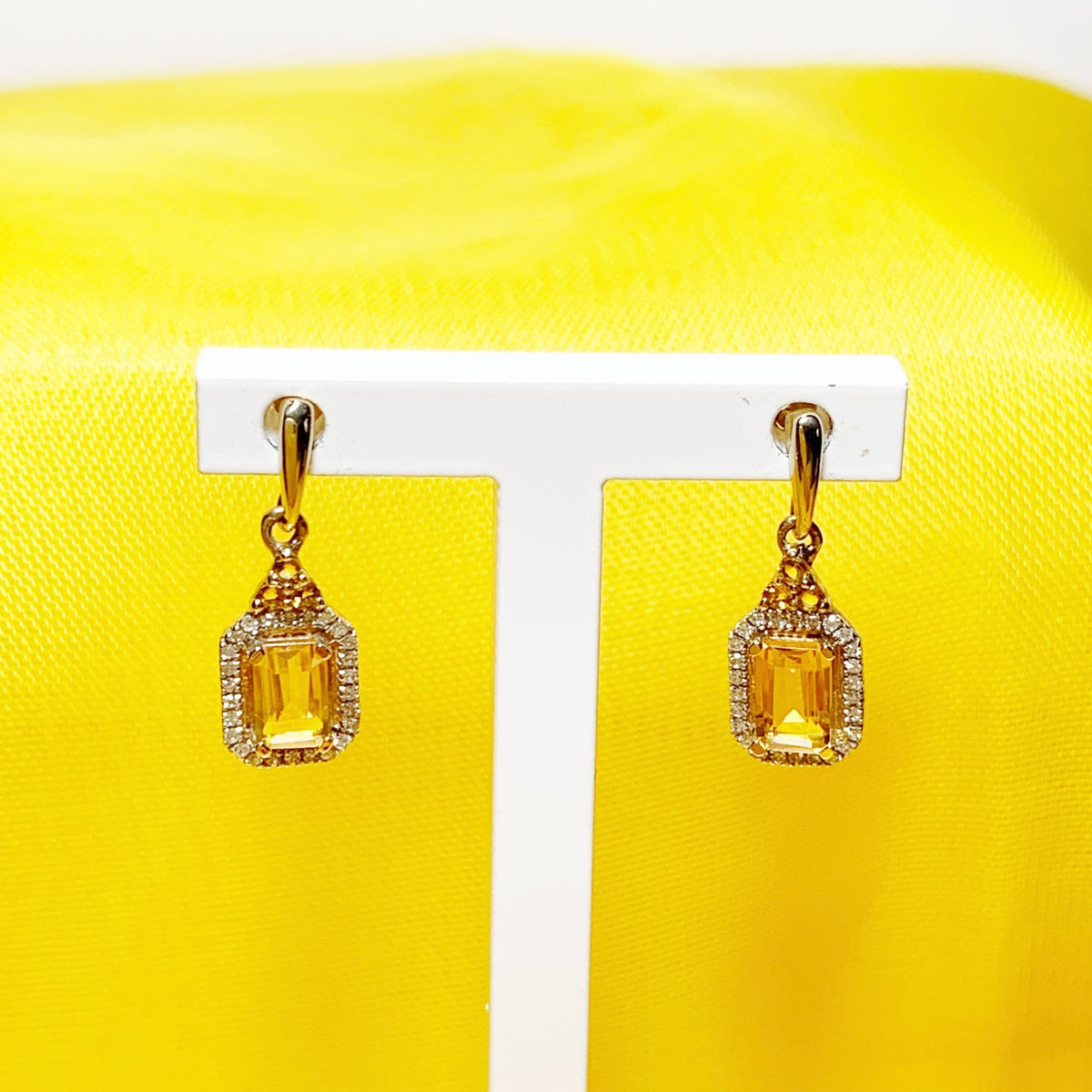 Citrine and diamond cluster yellow gold octagonal drop earrings