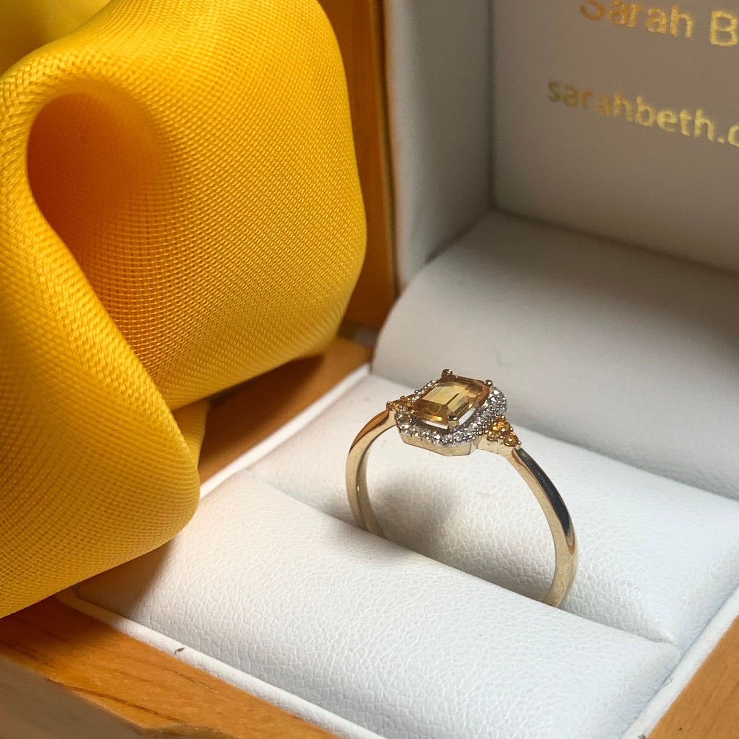 Citrine and diamond yellow gold octagonal cluster ring