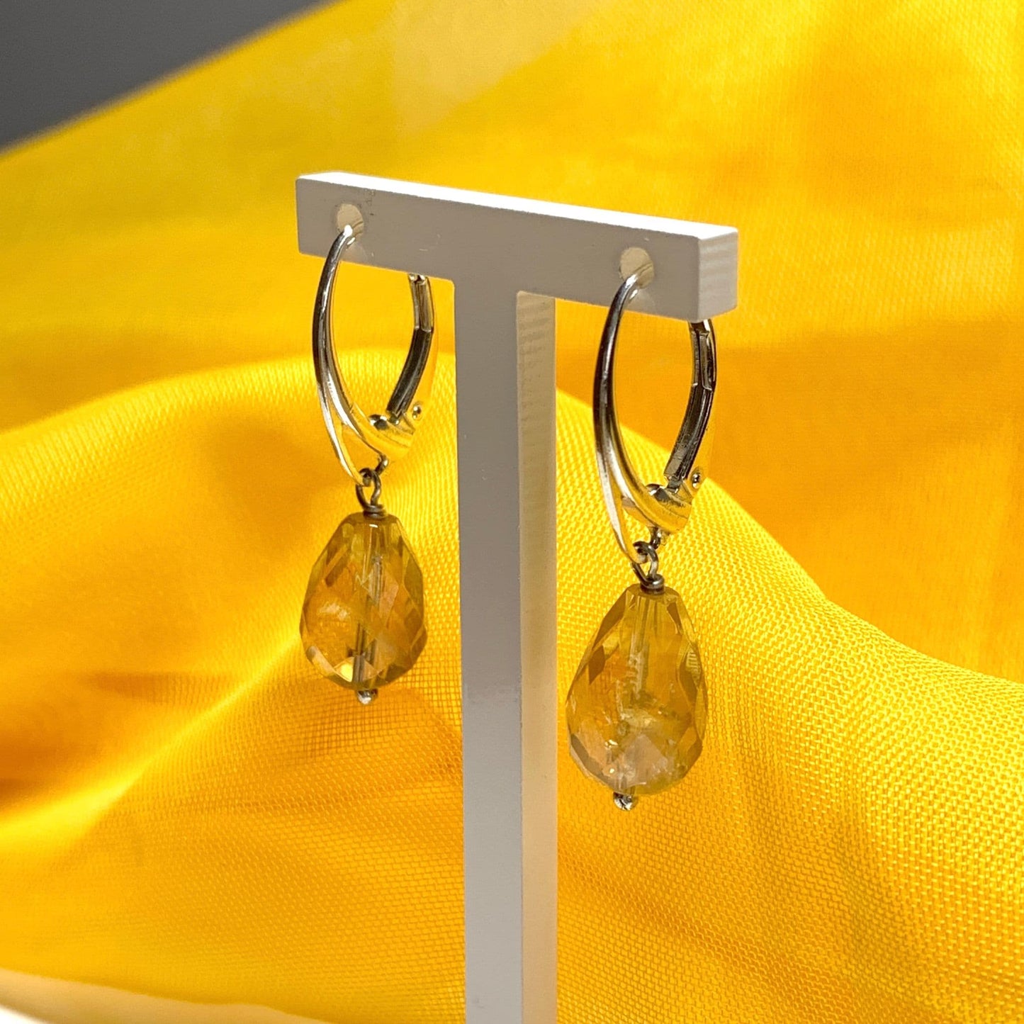 Citrine tellow teardrop shaped sterling silver drop earrings